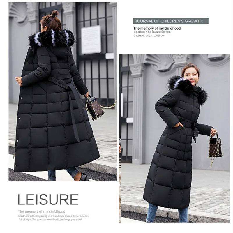 

Woman Winter Long Padded Jacket Women's Large Fur Collar Coat Loose Belt Padded Coat Thick Down Padded Jacket Vintage Streetwear