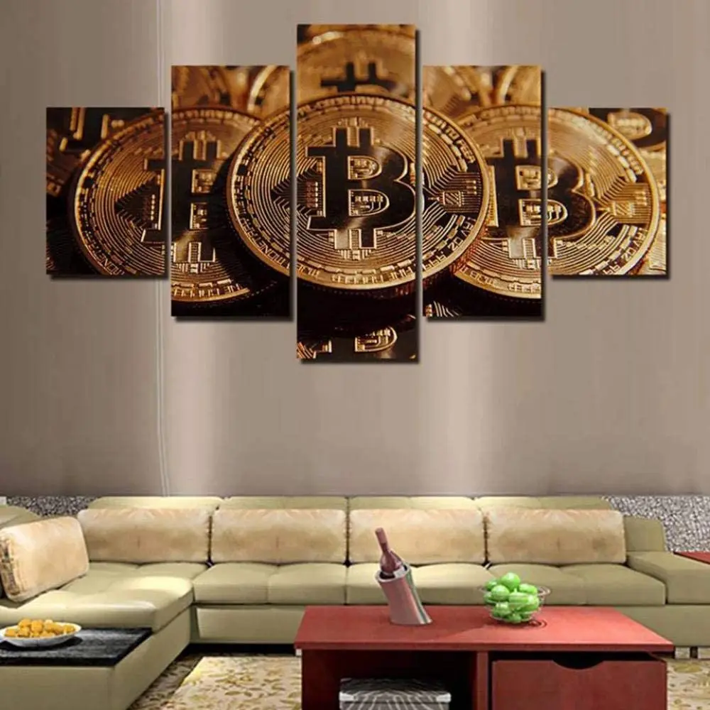 

Golden Bitcoin Currency Modular 5 Pieces Wall Art Canvas Prints Posters Paintings for Living Room Home Decor Pictures Decoration