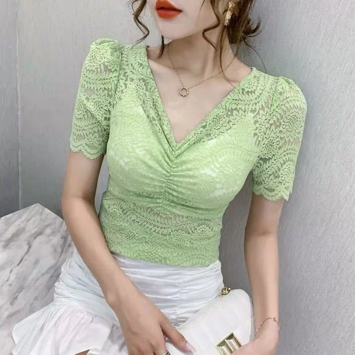 

Блузка женская с V-образным вырезом, пикантная кружевная рубашка, топ, Облегающая рубашка с коротким рукавом, на лето