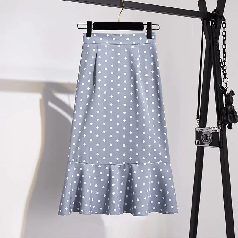 

Summer retro elegant mid long wave point high waist skirt with wide ruffles and thin hip split fishtail skirt