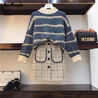 2021 autumn winter new half high neck sweater mini skirt two piece womens fashion elegant top knitted shirt short skirts suit