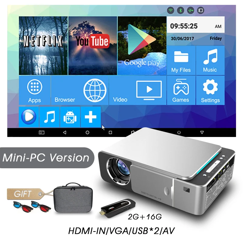 Mini PC-Silver Real tv T6 Full HD Led проектор 4K 3500 люмен 1080p Портативный кинопроектор видеопроектор HDMI USB VGA SD с подарком - Цвет: Mini PC-Silver