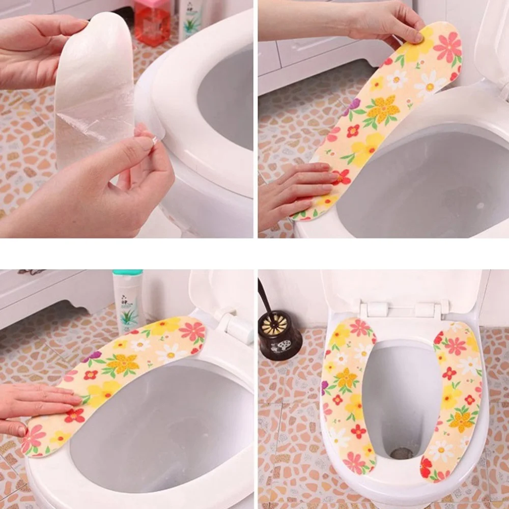 

5 Pair Bathroom Toilet Seat Cushion Cartoon Style Sticky Washroom Warmer Washable Health Toilet Seat Lid Cover Pads(Random Color