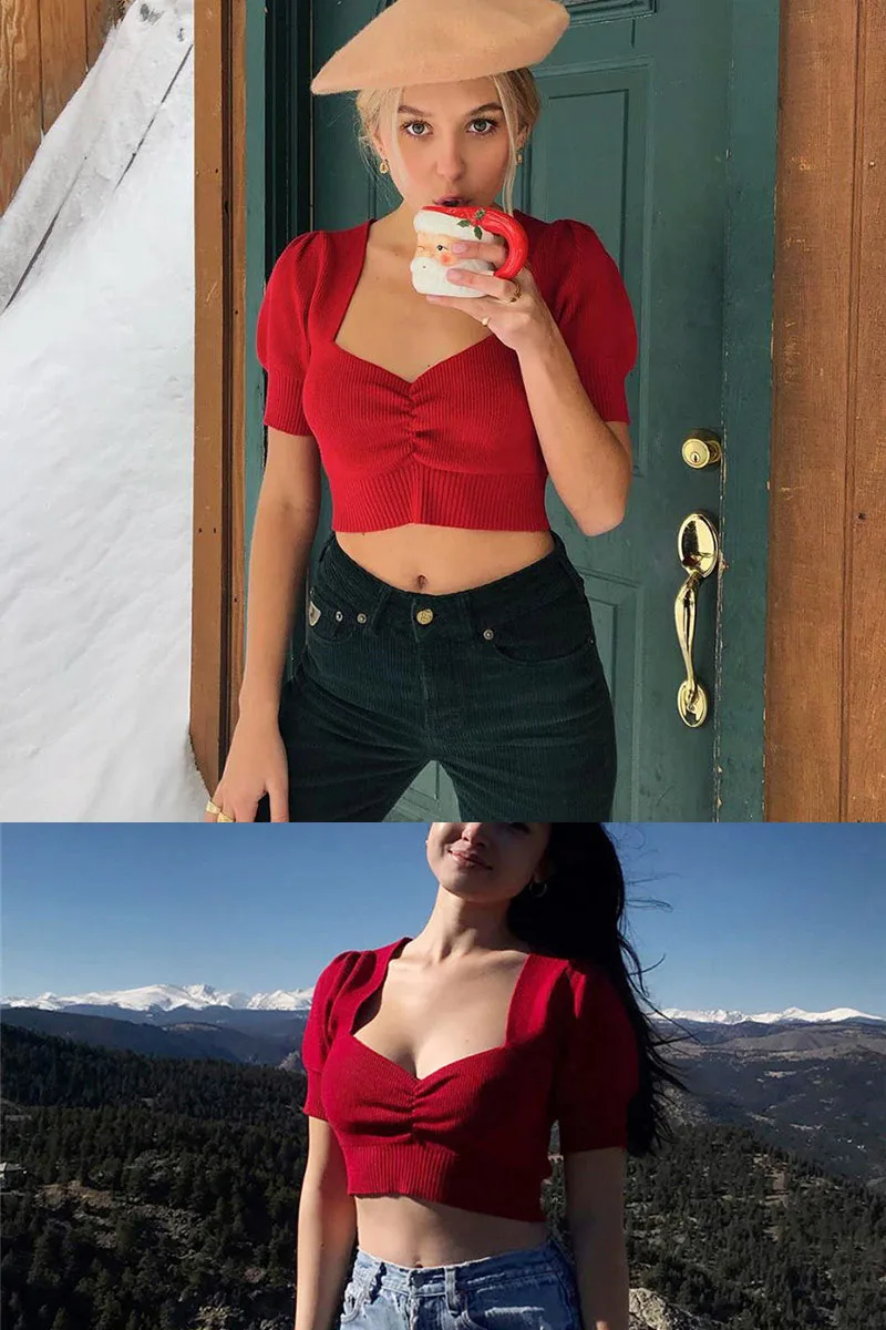 

European and American short chest pleated slim top French palace retro clavicle machine with high waist pants t-shirt