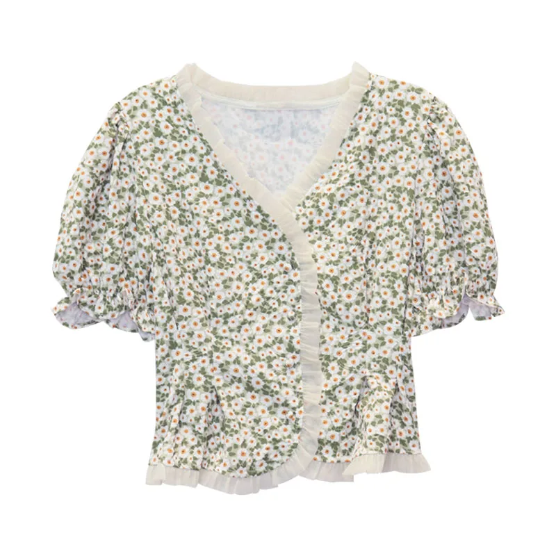 

Little fresh floral shirt women's summer 2021 New Retro V-neck wood ear edge shirt waist short top