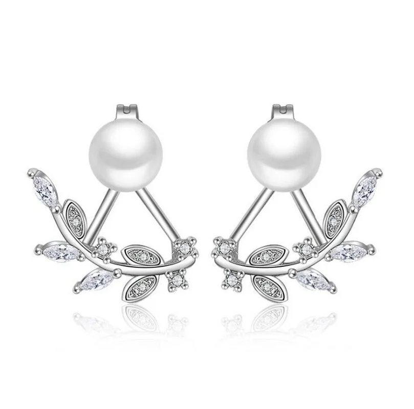 

POPACC 925 Sterling Silver Micro Cubic Zircon Leaves Pearl Stud Earrings brincos For Women