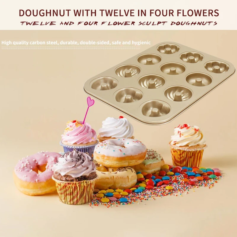 

Donut Mold Cake Pan 12-Cavity Non-Stick Doughnut Bakeware Carbon Steel Oven Baking Tray Tool Carbon Steel heart flower Shape