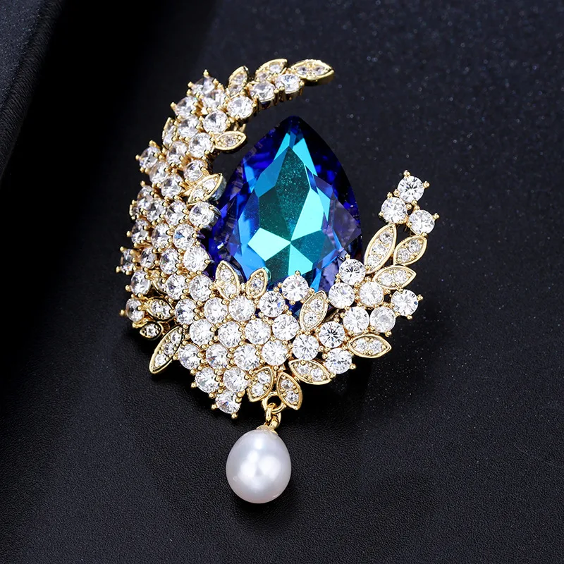

Wedding Party Luxury Crystal Pendant Corsage Jewelry for Female Brand Designer Blue CZ stone Moon Pearl Brooches Jewelry