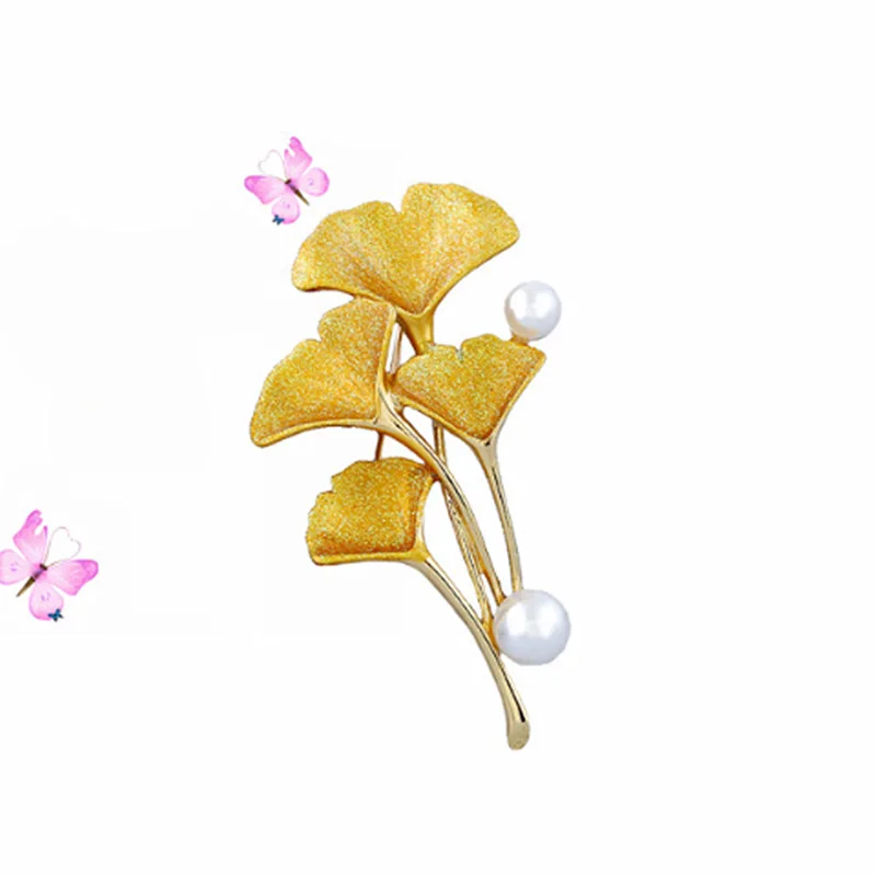 KingDeng Brooches Korean Fashion Gifts for Woman Accessories Pink Enamel Pin Lapel Cute Pearl Ginkgo Leaves Party Jewelry | Украшения и
