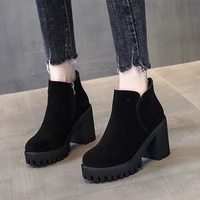 autumn and winter new thick heel ankle boots black high heel short boots thick heel womens boots and velvet thick boots