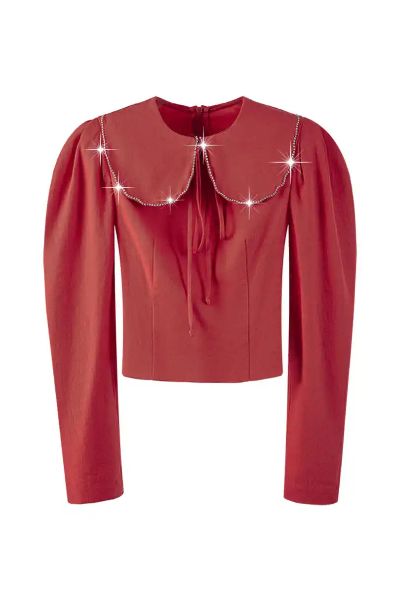 

DEAT 2021 peter pan collar full sleeves red spliced drawstring back zippers pullover shirt female top WS6207