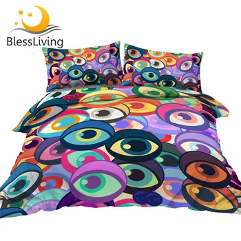 BlessLiving Funny Eyes Bedding Set Colorful Quilt Cover Set 3-Piece Cartoon Duvet Cover with Pillowcases Modern Bedspreads 1