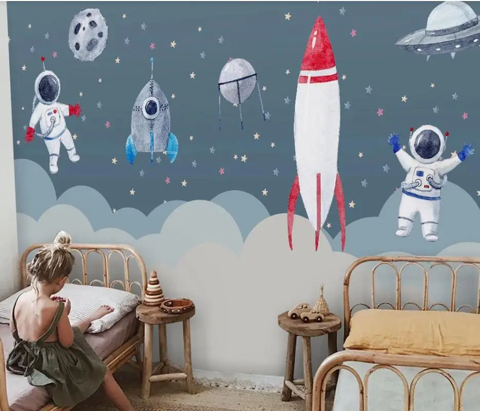 

AINYOOUSEM Hand painted space rocket children's room cartoon mural papier peint papel de parede wallpaper 3d wallpaper stickers