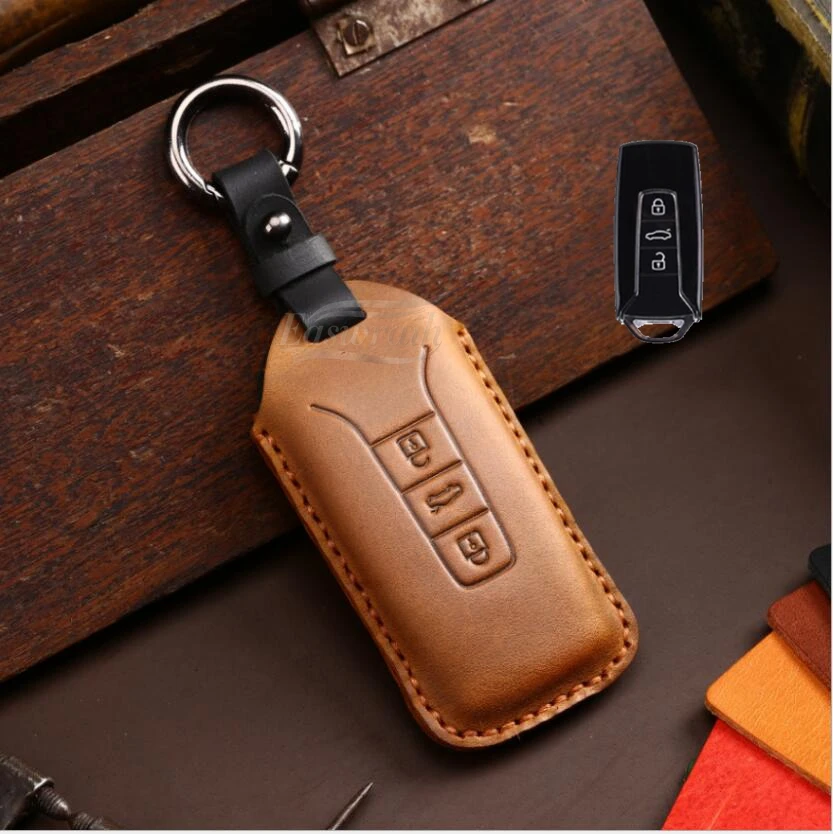 Handmade Genuine Leather Car Key Case Cover Holder Wallet For Volkswagen VW Touareg 2016 2017 2018 Fob Smart Key Accessories