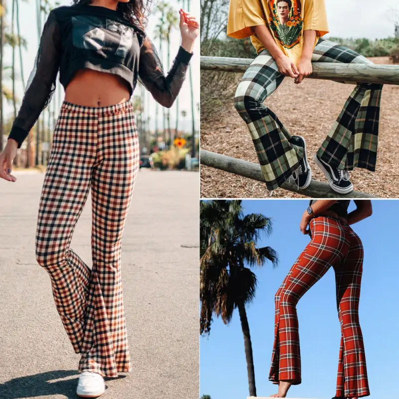 

New Women Retro Plaid Pattern Bell bottom Long Wide Leg Flare Pants Fashion Casual Girls Vintage High Waist Vintage Stretch Boho