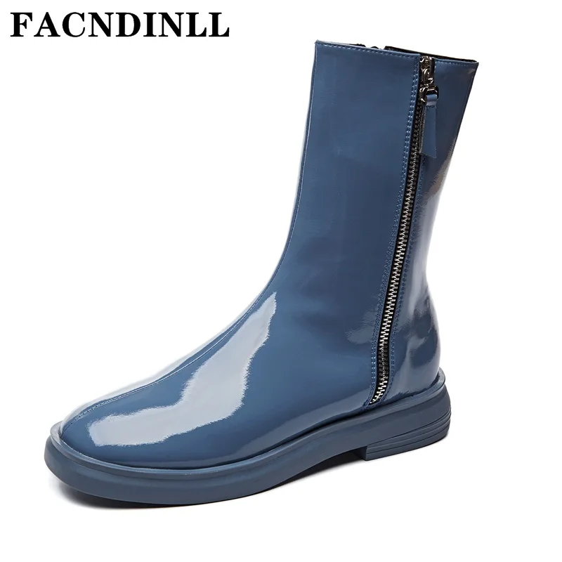 

Women Boots 2021 New Arrives Genuine Cow Leather Low Square Heel Side zipper Black Blue Dress Party Office Lady Shoes Ankle Boot