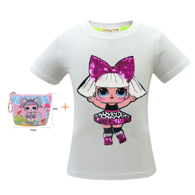 Новая футболка с короткими рукавами изображением куклы сюрприз и блестками для