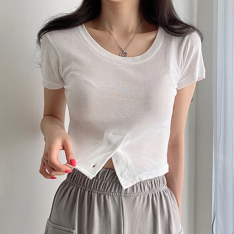 

Korean Chic Summer Niche Basic Round Neck Careful Machine Button Design Sense of Slim Short-Sleeved T-Shirt Top Women