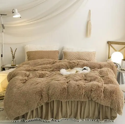 bedding set 9 Роскошные Плюшевые с длинным ворсом, пододеяльник набор стеганый помпонами и бахромой оборками плоский лист н Постельное белье близнец полный queen King 4/6 шт - Цвет: bedding set 9