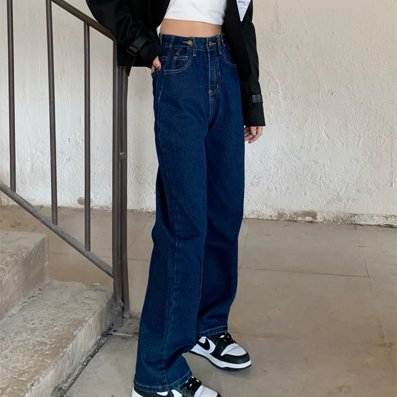 Женские джинсы с высокой талией брюки широкими штанинами синяя уличная одежда