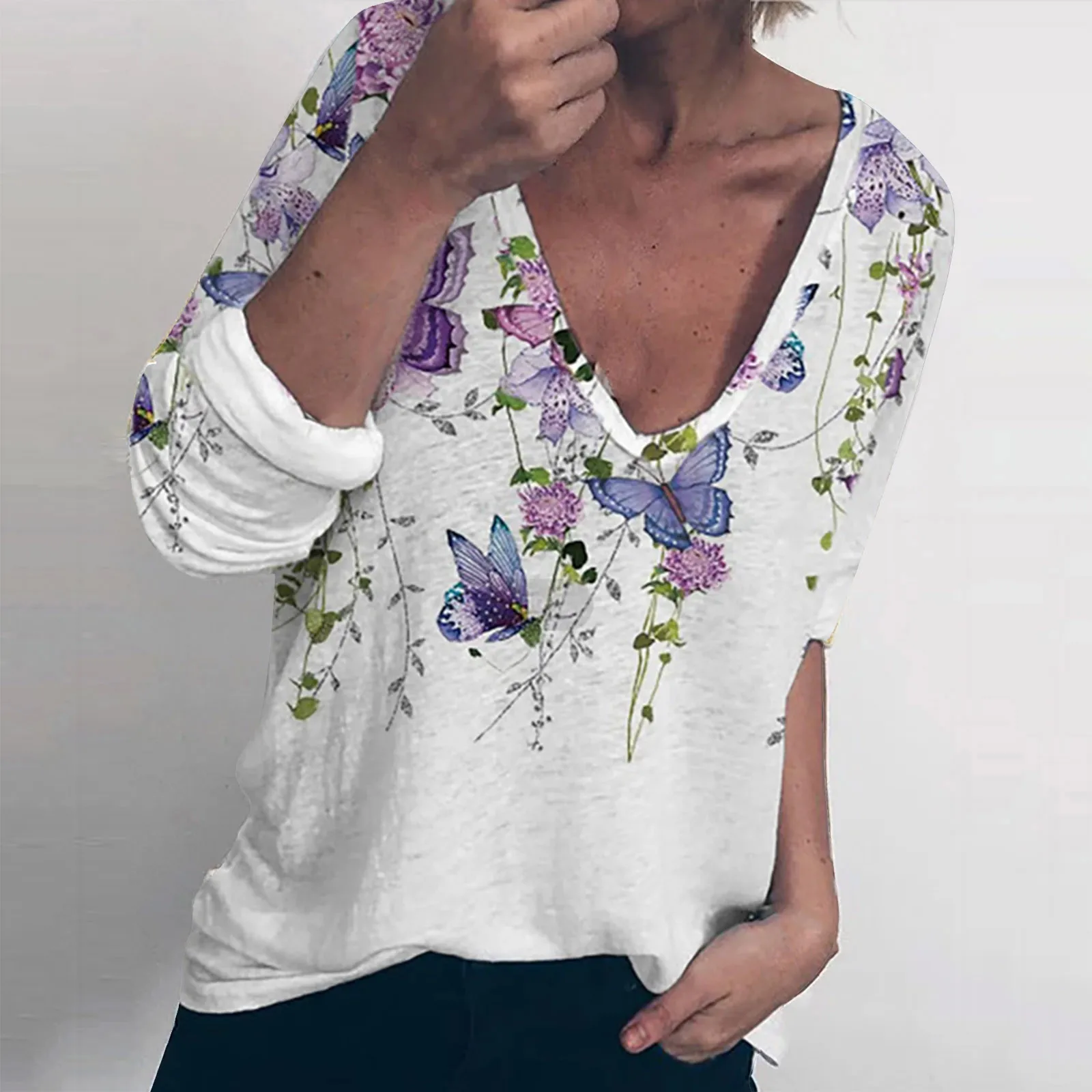 

Блузка Женская Свободная с длинным рукавом и принтом бабочки