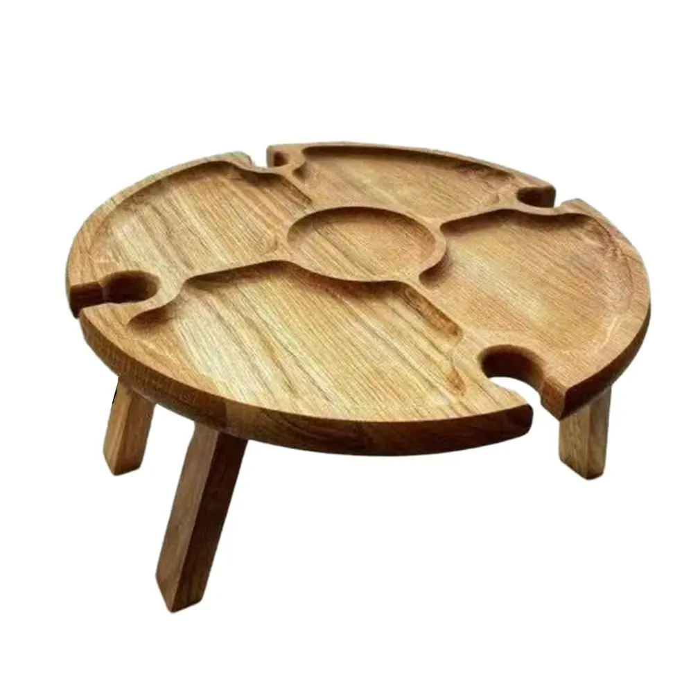 

Wooden Outdoor Folding Picnic Table With Glass Holder Round Foldable Desk Wine Glass Rack Collapsible Table JA55