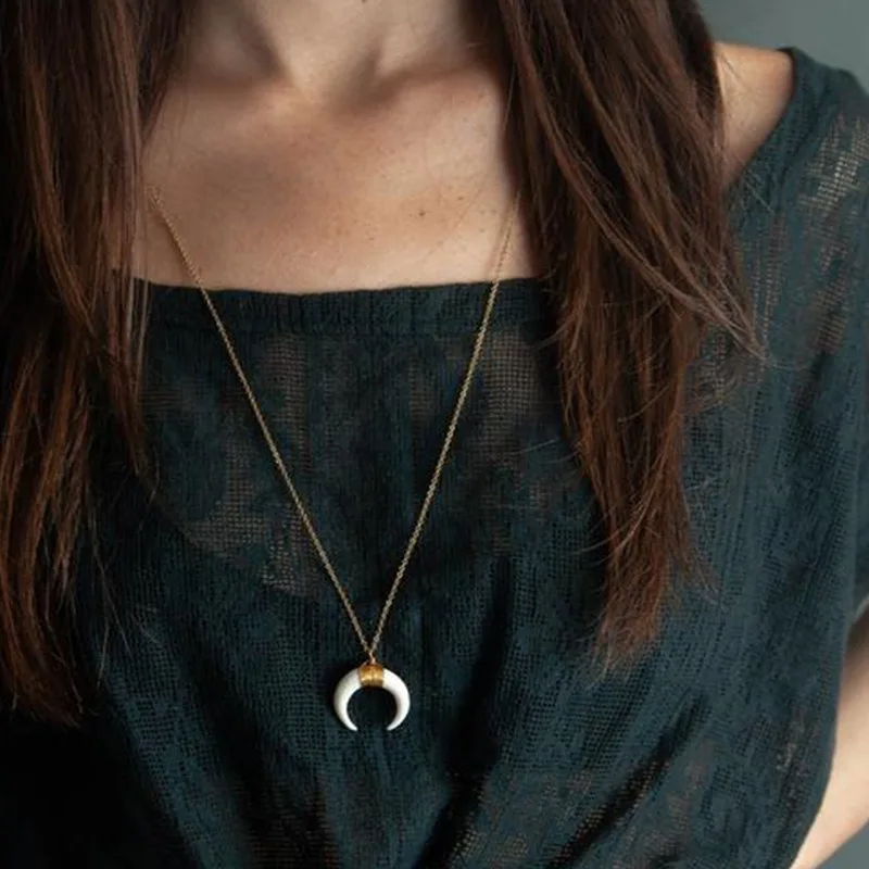 

HebeDeer Long Necklace Chain Women Horn Necklaces Jewelry Lovers Silver Color Vintage Trendy Girl Stainless Steel Collares