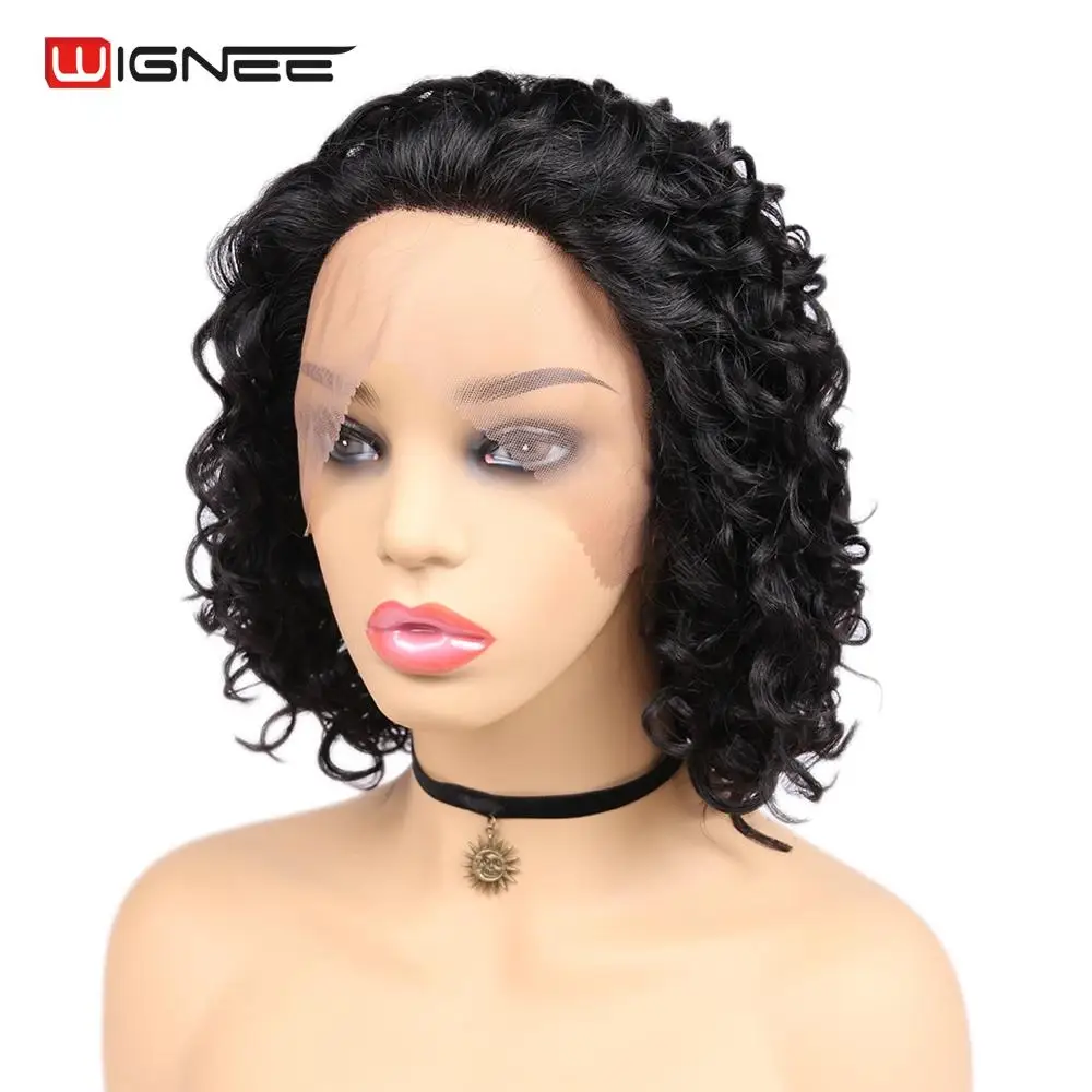 Wignee парик из натуральных волос на кружевном переде, короткий, стриженый, кудрявый, для женщин, натуральный черный/Омбре, коричневый, парики из человеческих волос для афро-американских