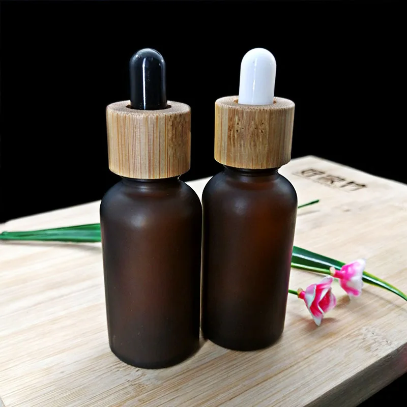 50pcs 30mlAmber Frosted Glass Dropper Bottle With Bamboo Cap wood Grain Lid Cosmetic Pipette Essential Oil Packaging Container