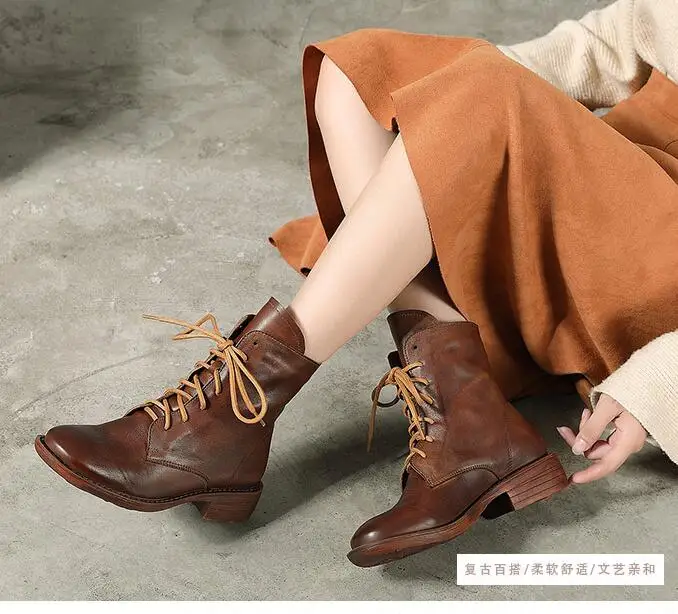 

Fashion Spring Autumn New Retro Think Heels Cross-tied Full Grain Leather Women Ankle Equestrian Boots Winter Plush Ladies Botas