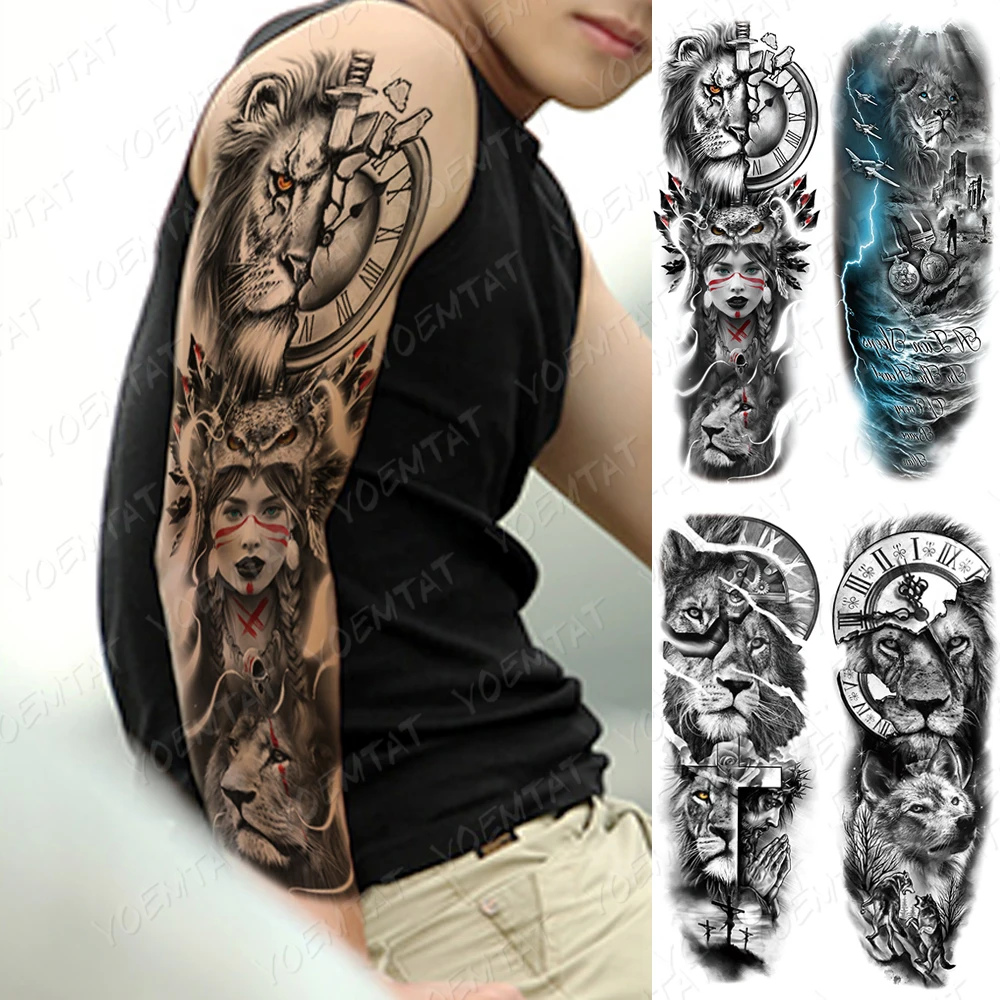 

Waterproof Temporary Full Arm Tattoo Stickers Lion Girl Warrior Tribal Totem Flash Tattoos Man Body Art Fake Sleeve Tatto Female