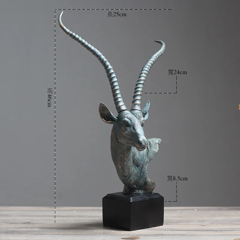 46CM ANTIQUE NORDIC ANTELOPE HEAD FIGURINES RESIN VINTAGE HOME DECOR HOTEL CAFE HOME DECORATION ACCESSORIES FOR LIVING ROOM