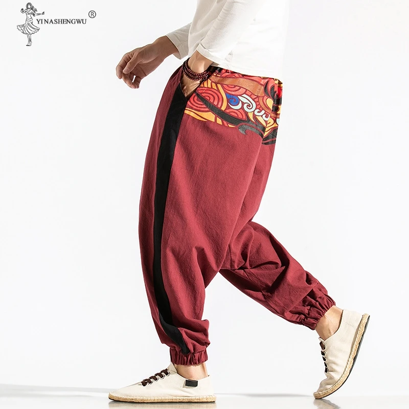 Мужская мода японский Стиль печать костюм самурая штаны-шаровары брюки для