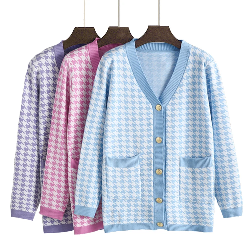 

Elegant Houndstooth Knit Cardigan Women V-neck Long Sleeve Loose Large Size Top Jacket sweater oversized cardigans Autumn 2021