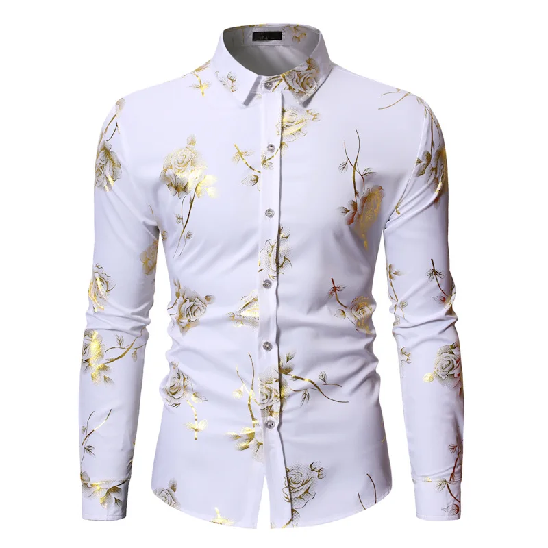 Luxury Gold Foil Print Shirt Men 2023 Autumn New White Rose Floral Shirt Mens Casual Dress Shirts Nightlcub Prom Shirt Camisas