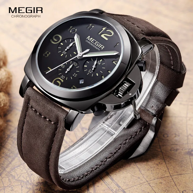 Megir Мужские Хронограф светящийся кварцевые часы с календарем Дата Круглый