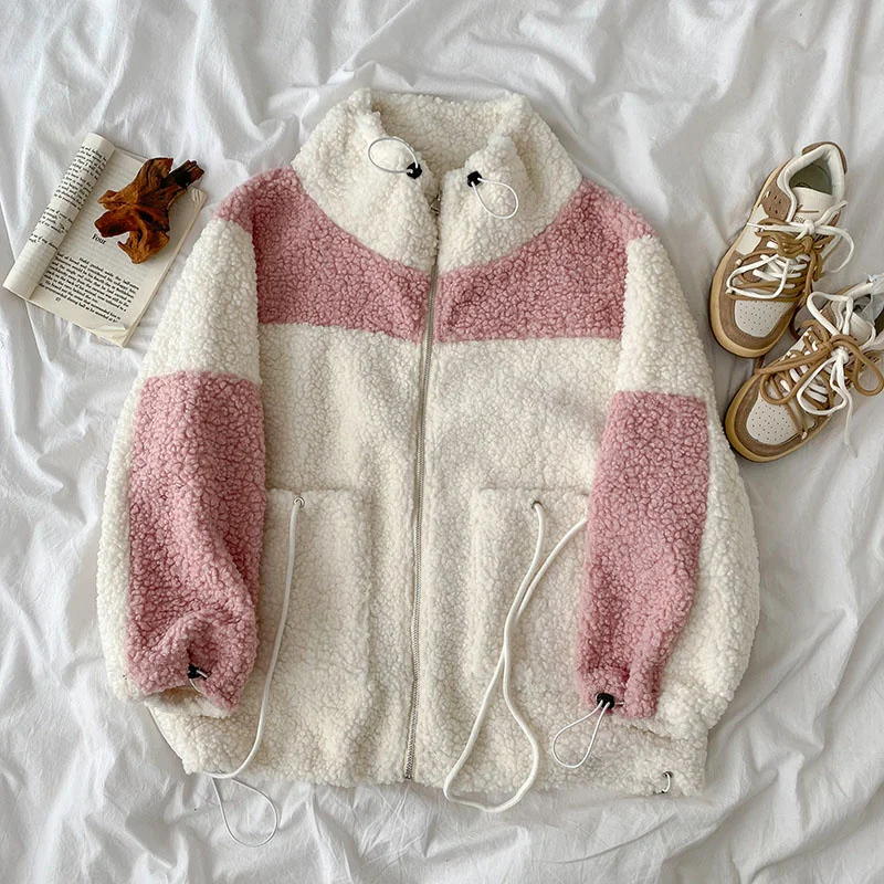 

Плюшевое пальто контрастных цветов, Женский Повседневный Кардиган на шнуровке с длинным рукавом, женская утепленная модная верхняя одежда,...