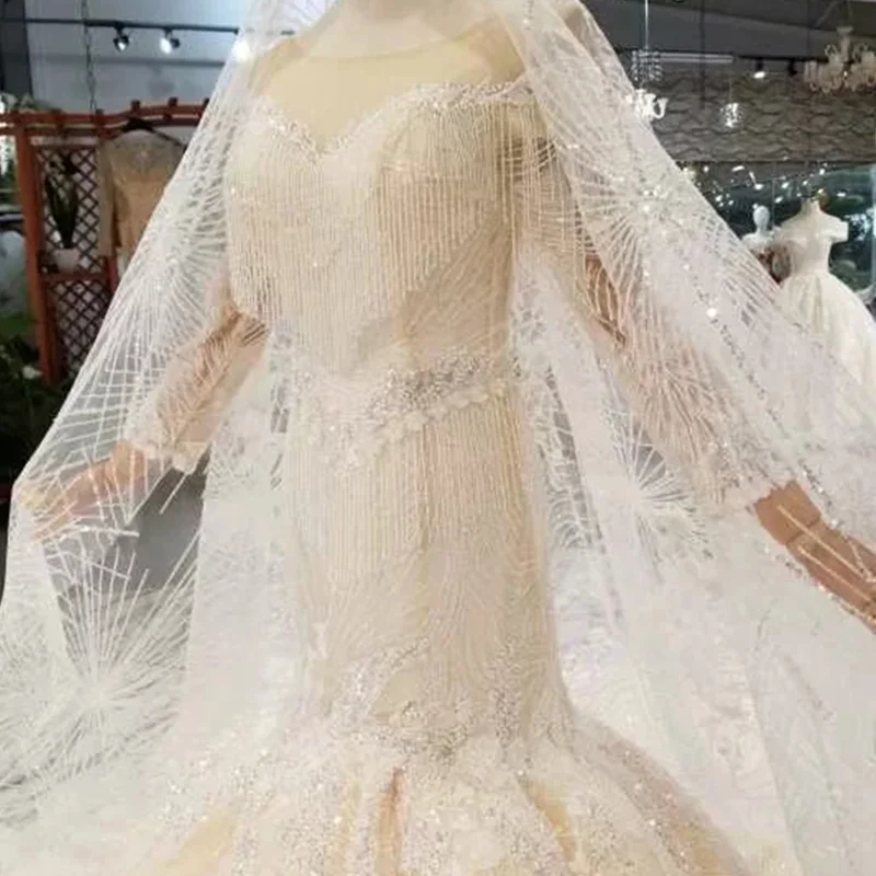 Женское свадебное платье с юбкой-годе LSS357 круглым вырезом длинными рукавами и