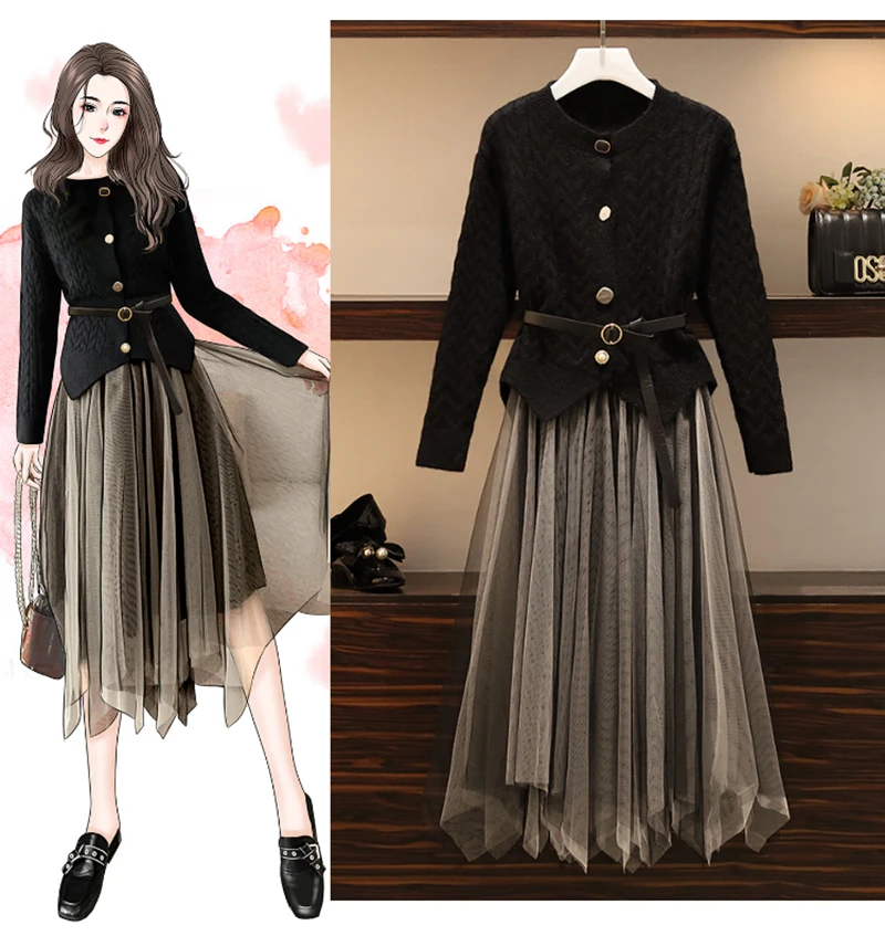 Trytree Autumn Winter Two piece set Casual O-neck Single Breasted Belt Top+ Skirt Elastic Waist Fashion Set 2 Piece Set