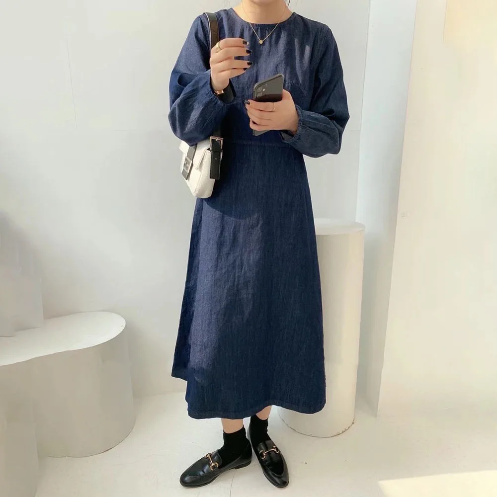 

Japanese Korean Version Ladies Dress Spring Autumn 2021 Casual Fashion Loose Retro Solid Color Cowboy Round Neck Long Sleeve