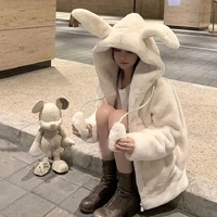 winter jacket women cute hooded rabbit ears imitation cashmere coat plus velvet thickeni sweater harajuku kawaii oversize jacket