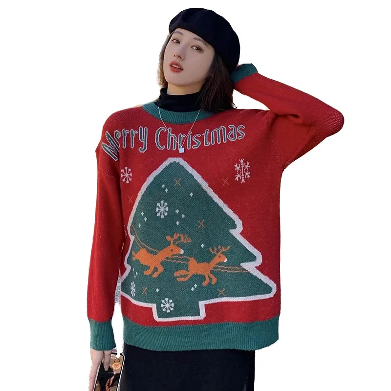 

Woman's Jersey 2020 O-Neck Casual Christmas Thicken Sweater Hit Color Long Sleeve Oversized Knitwear Streetwear Female GD003