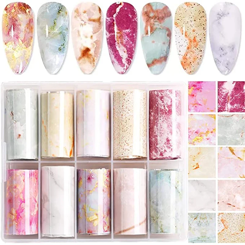 

10Roll/Set Marble Transfer Nail Stickers Colorful Blooming Print Nail Art Foil Wraps Decals DIY Nail Decoration For Women Girls
