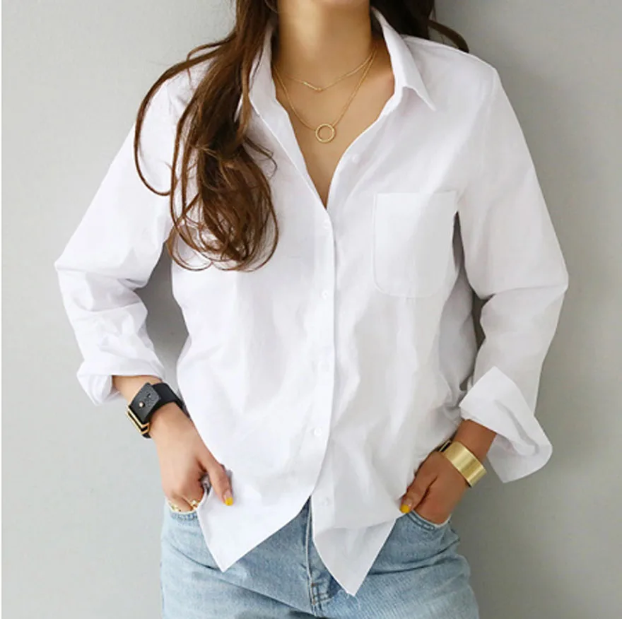 Фото Рубашка женская с одним карманом Весенняя белая блузка Топ длинным рукавом