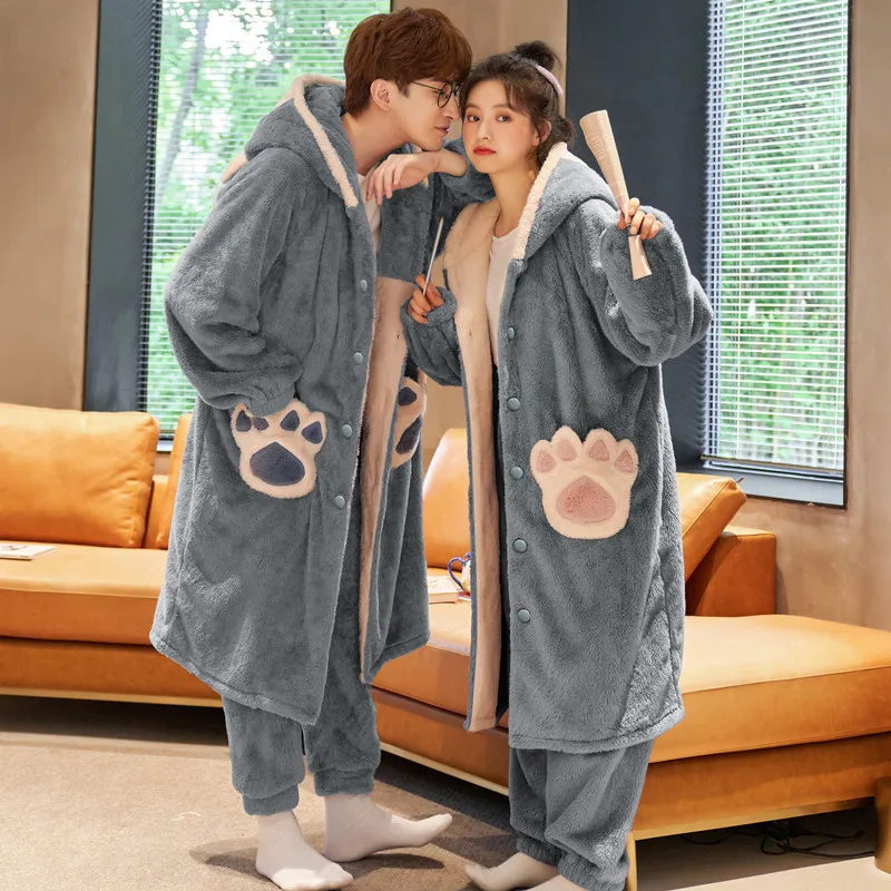 

Warm TV Pocket Hooded Cat Paw Blankets Homewear Men's Bathrobe Robe Sets Pajamas Couples Matching Plus Size Pajamas