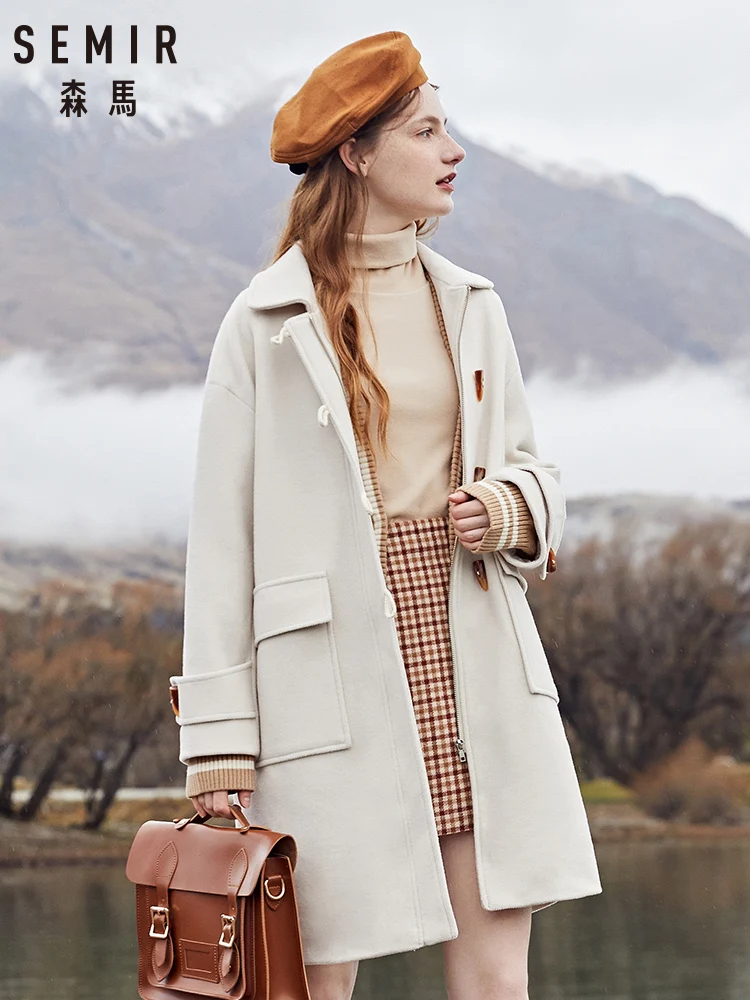 

SEMIR 2019 winter new woolen coat women long jacket oversize retro lapel horn buckle coat