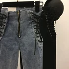 Женские джинсы-карандаш на завязках, элегантные эластичные джинсовые брюки до щиколотки с завышенной талией и молнией сбоку, новинка 2020, однотонные женские брюки