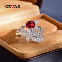 oevas 100 925 sterling silver ruby water drop high carbon diamond bowknot rings for women sparkling wedding party fine jewelry