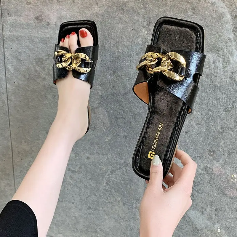 

Ladies Slippers Casual Fashion Stitching Upper Buckle Design Trend Simple Open-toed Women Slippers 2021