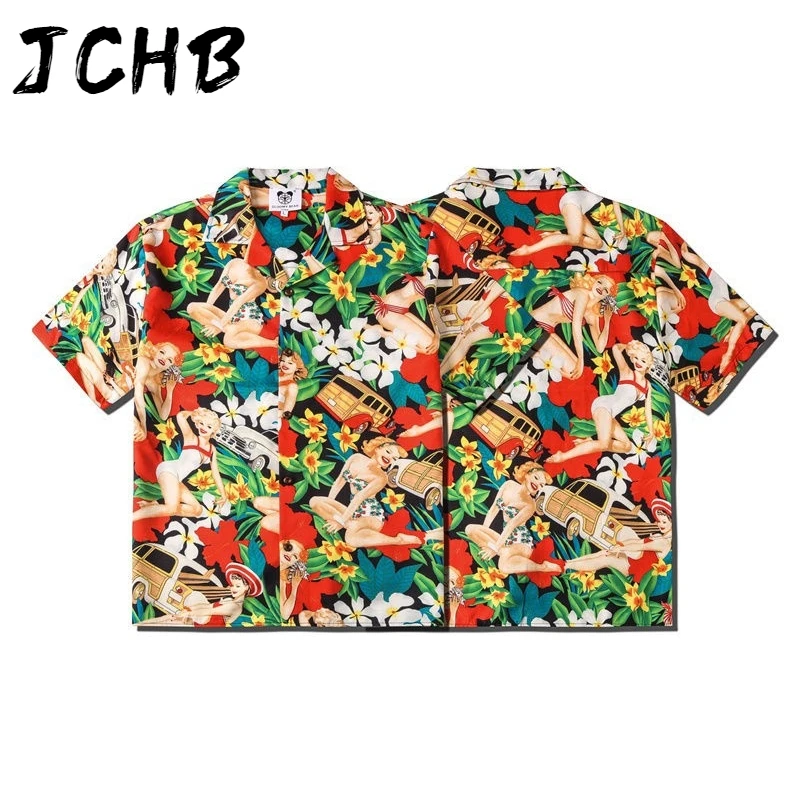 

2021 Flower Blouse Shirt Couple Short Sleeved Shirts Summer Retro Hawaiian Beach Printing Men Women Summer Shirts Causal Loose T